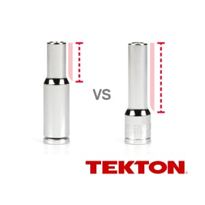 A competitors socket with smaller shoulders compared to Tekton sockets with tall, fully stepped shoulders